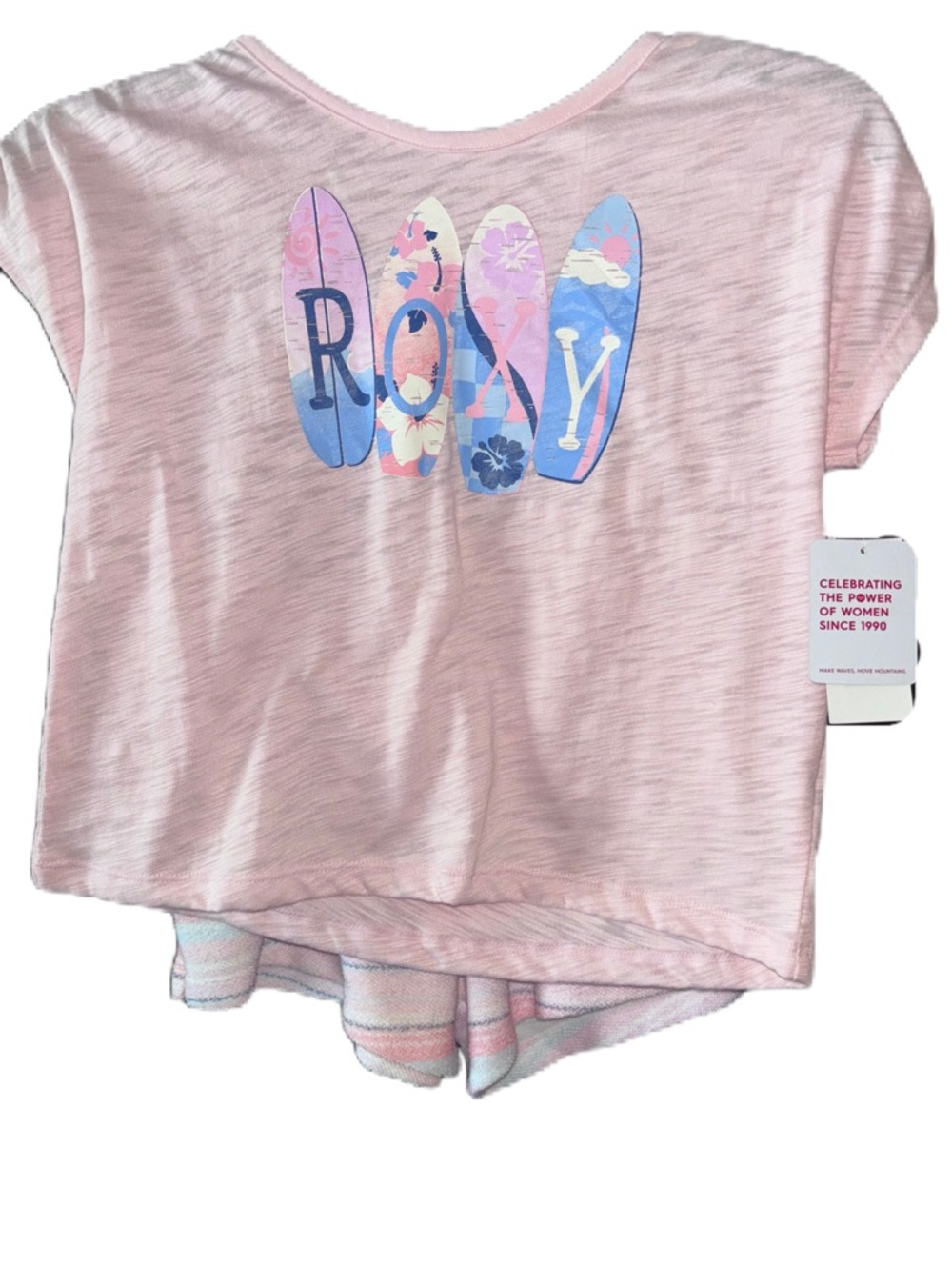 Roxy Pastel Pink Surfboard Graphic Tee & Striped Lounge Shorts set Girls Size 12 - Picture 4 of 9